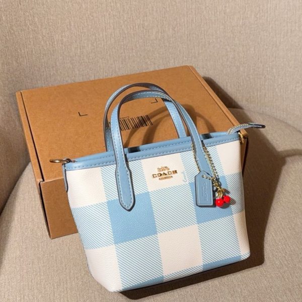 Coach Mini City Tote in Blue-White Check Print, 16×14×9 cm