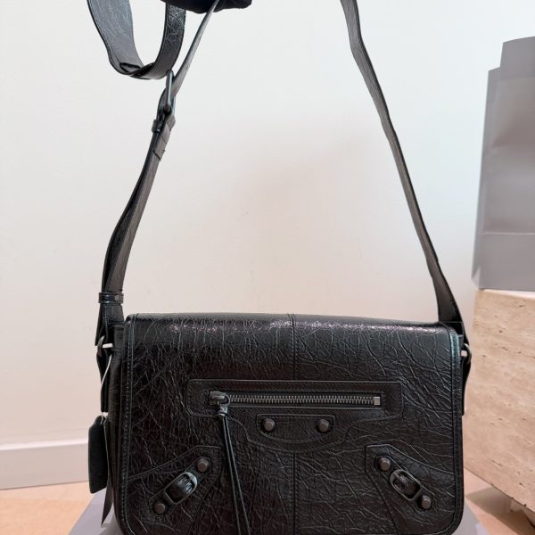 Balenciaga Black Leather Messenger Flap Bag Silver Studs P285