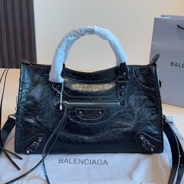 Balenciaga Classic City Black Lambskin Motorcycle Bag, Silver Hardware