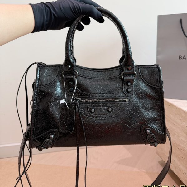 Balenciaga City Motorcycle Bag Black Leather Silver Studs