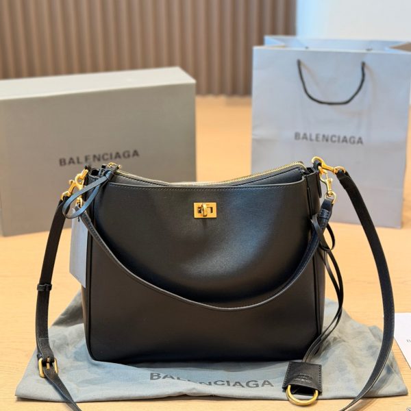 Balenciaga Black Leather Bucket Hobo Bag with Gold-Tone Lock, P255