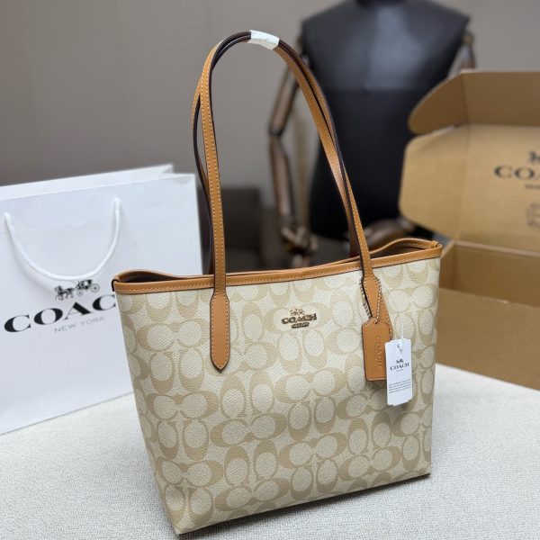 Coach City Tote 26 Signature Coated Canvas Tan Leather Trim