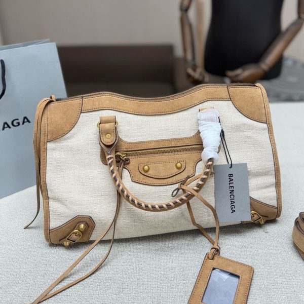 Large Canvas Tote with Brown Suede Trim, Woven Handles, P320