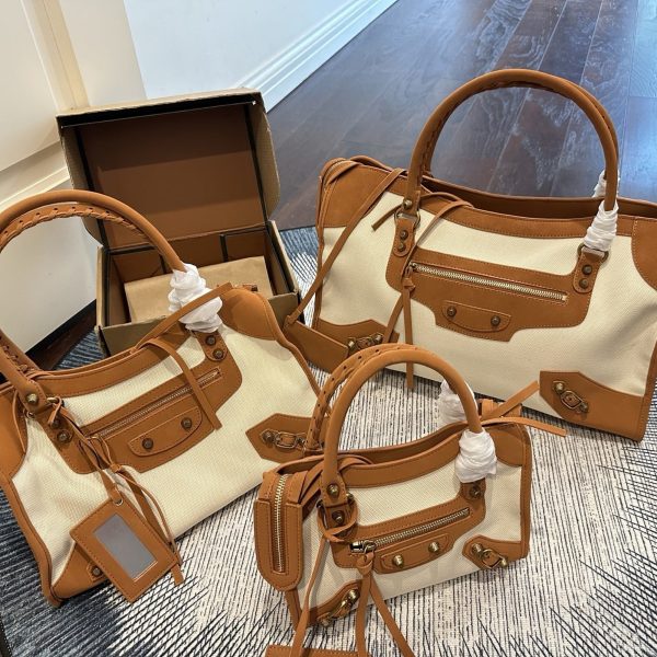 Balenciaga Le City Handbag in Cream Canvas & Brown Suede
