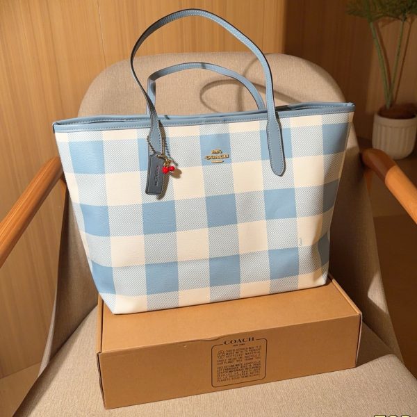 Coach City Tote in Blue-White Check with Snap Closure, 32 cm
