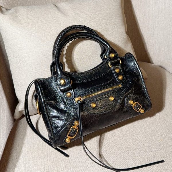 Small Waxy Leather Motorcycle Top-Handle Bag — Black, No Box