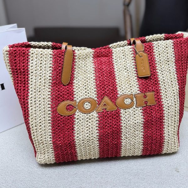 Coach City Tote 33 Woven Straw Tote with Leather Trim
