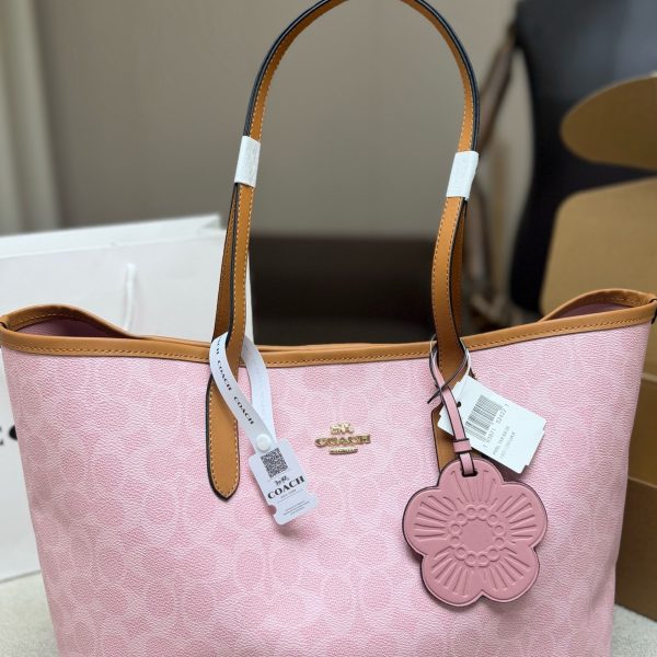 Coach City 33 Pink Signature Tote — Brown Leather Strap, P195