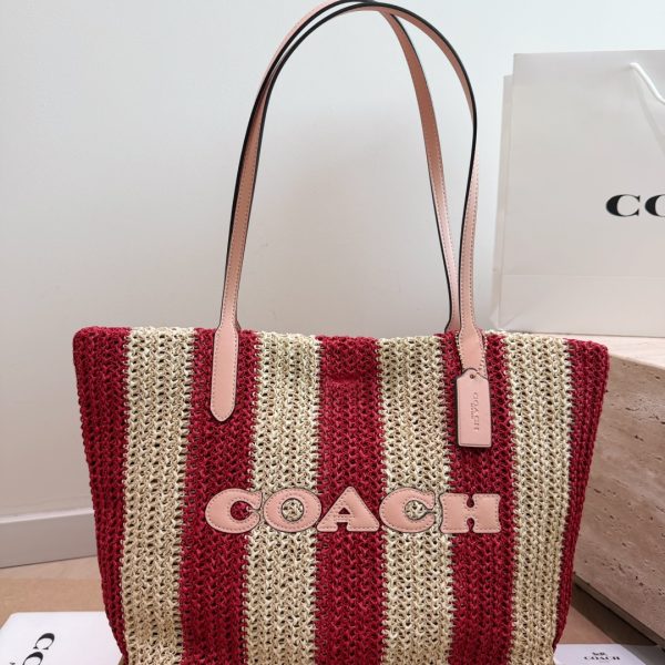 Coach City Straw Tote Bag with Red and White Stripes, P195