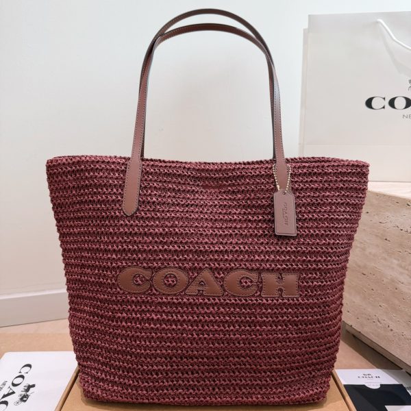 Coach City Straw Tote Bag, Red & White Stripes, P195