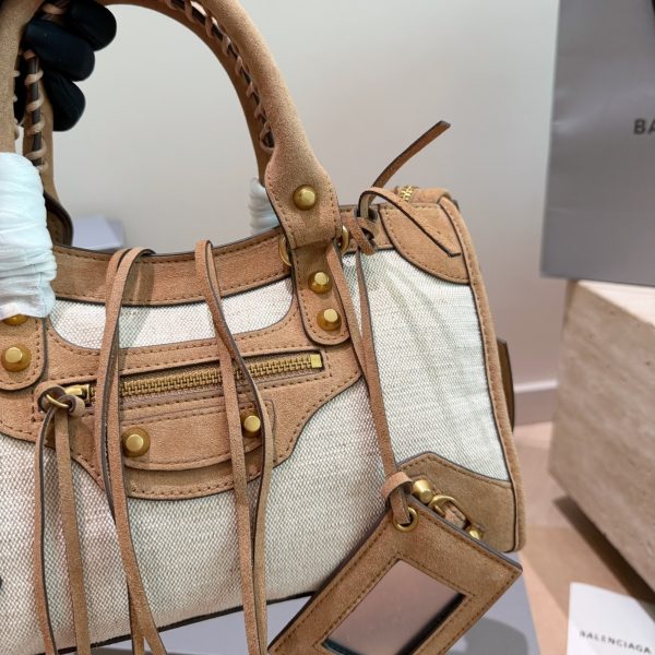 P320 P310 P300 麂皮拼帆布 Balenciaga巴黎世家机车托特包 经典机车系列新配色，米白帆布拼接焦糖麂