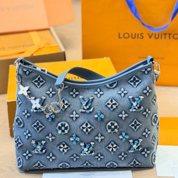 原版布 p260 LV Loop Hobo 丹宁水钻款​​，蓝色牛仔帆布 + Monogram 老花压纹 + 蓝色 透明