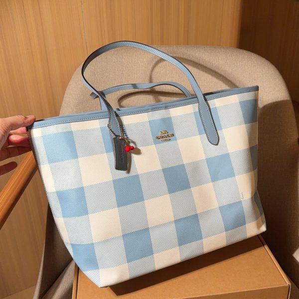 185 蔻驰coach City tote 蓝白格吸扣版托特包购物袋 尺寸32×28×14 礼盒包装a702